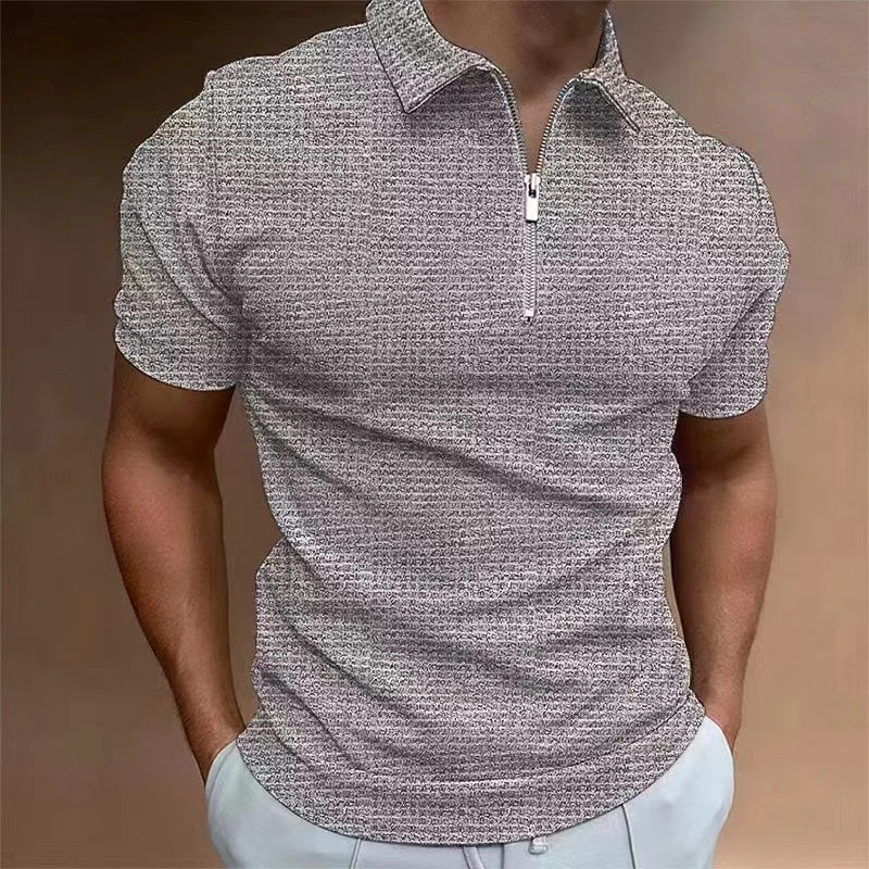 Men's Polo Shirt Plus Size Zipper Waffle Short Sleeve Casual Summer Top 0