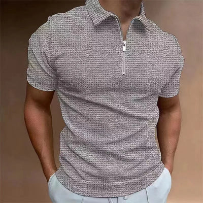 Men's Polo Shirt Plus Size Zipper Waffle Short Sleeve Casual Summer Top 0