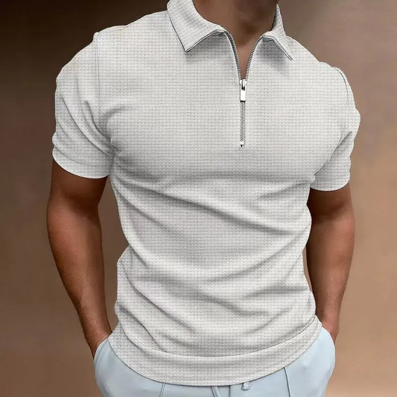 Men's Polo Shirt Plus Size Zipper Waffle Short Sleeve Casual Summer Top 3