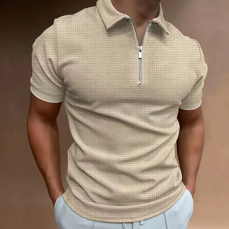 Men's Polo Shirt Plus Size Zipper Waffle Short Sleeve Casual Summer Top 5