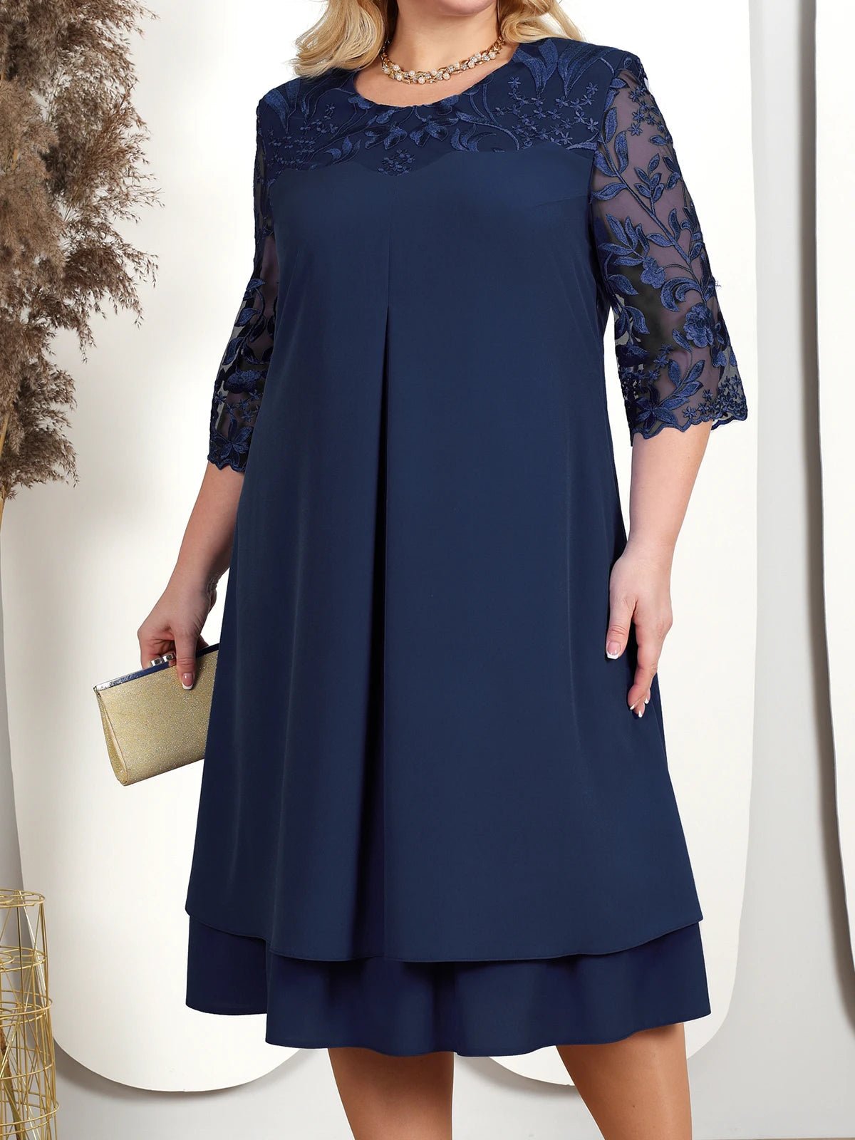Plus Size Embroidered Evening Dress with Sheer Sleeves 0