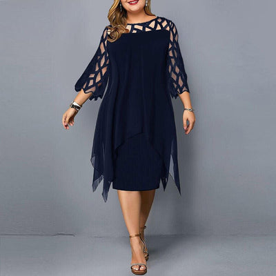 Plus Size Women's Elegant Midi Dress with Lace Sleeves for Formal Occasions 0