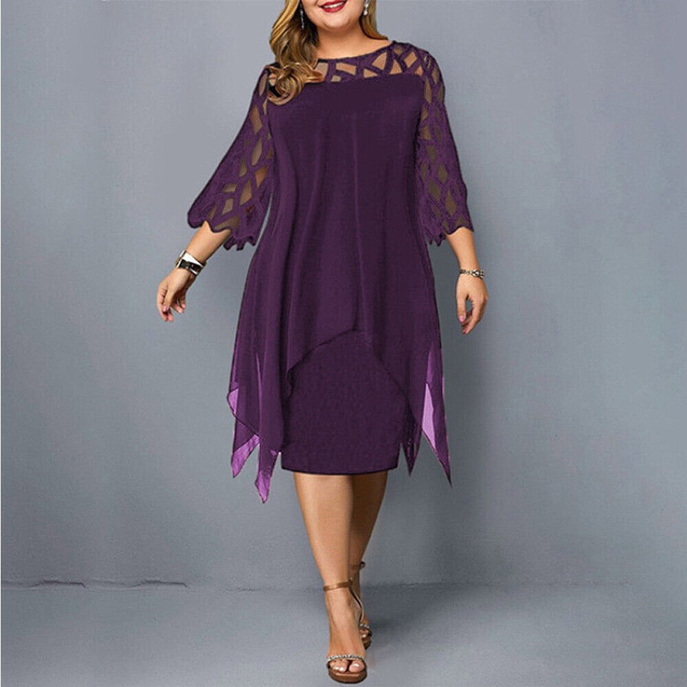 Plus Size Women's Elegant Midi Dress with Lace Sleeves for Formal Occasions 1