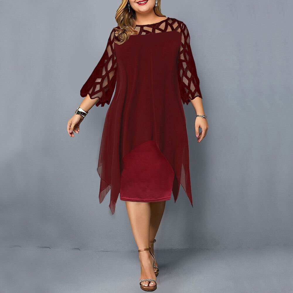 Plus Size Women's Elegant Midi Dress with Lace Sleeves for Formal Occasions 2