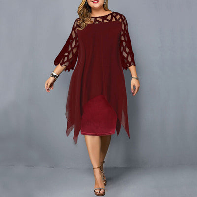 Plus Size Women's Elegant Midi Dress with Lace Sleeves for Formal Occasions 2