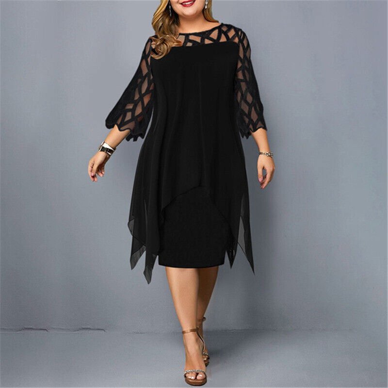 Plus Size Women's Elegant Midi Dress with Lace Sleeves for Formal Occasions 3