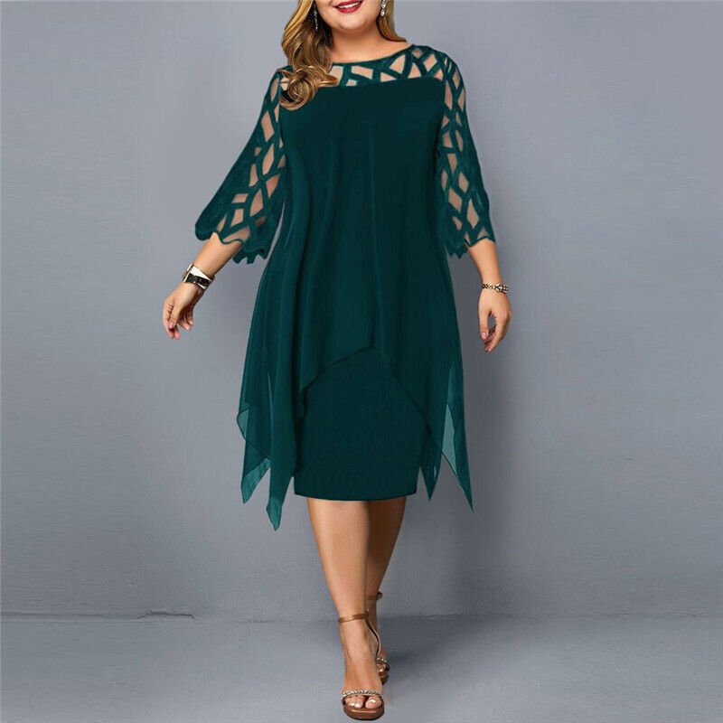 Plus Size Women's Elegant Midi Dress with Lace Sleeves for Formal Occasions 4