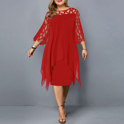 Plus Size Women's Elegant Midi Dress with Lace Sleeves for Formal Occasions 5