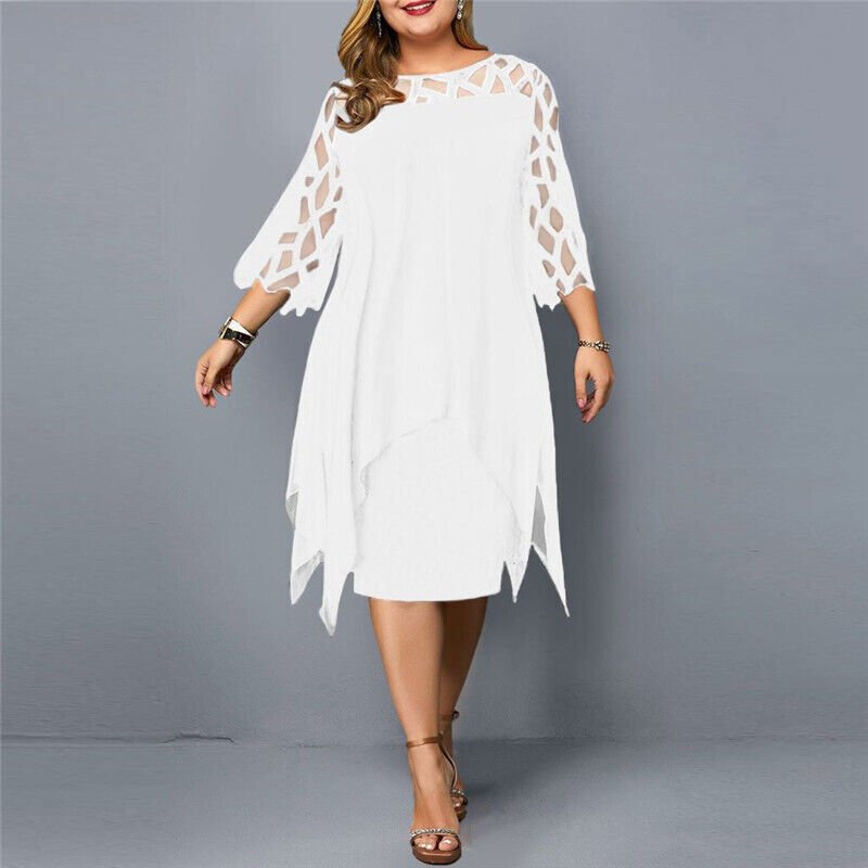 Plus Size Women's Elegant Midi Dress with Lace Sleeves for Formal Occasions 6