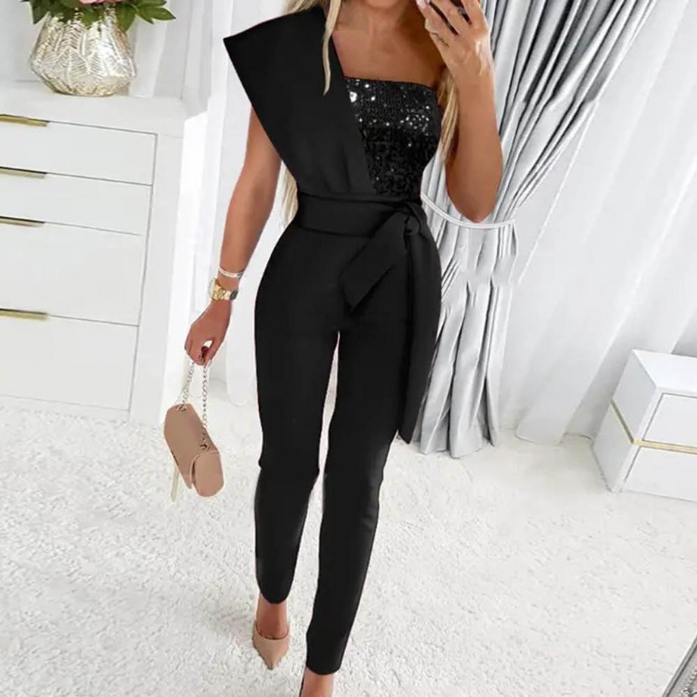 Women's Sequin Jumpsuit One-Shoulder Elegant Party Outfit 1