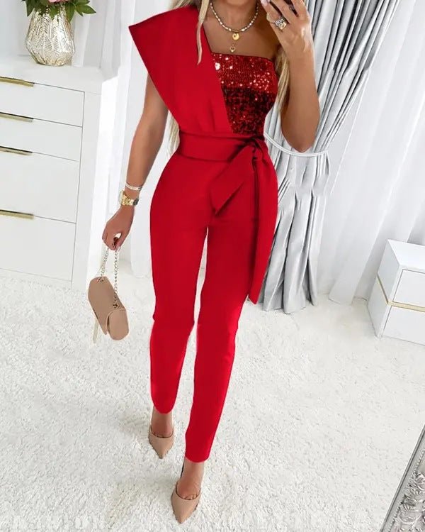 Women's Sequin Jumpsuit One-Shoulder Elegant Party Outfit 2