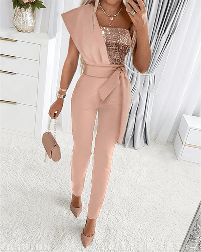 Women's Sequin Jumpsuit One-Shoulder Elegant Party Outfit 4