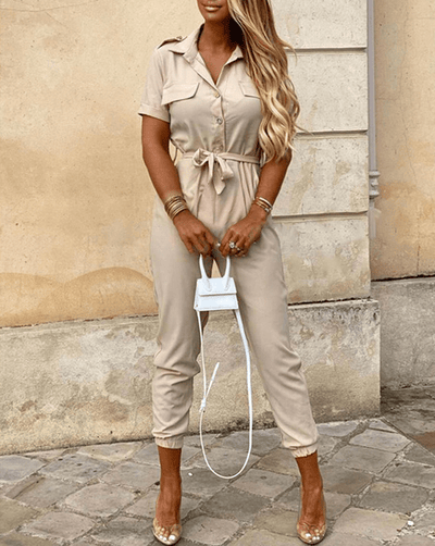 Women's Spring Jumpsuit with Belt and Short Sleeves 0
