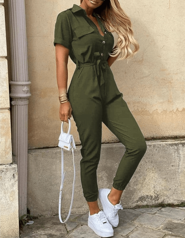 Women's Spring Jumpsuit with Belt and Short Sleeves 6