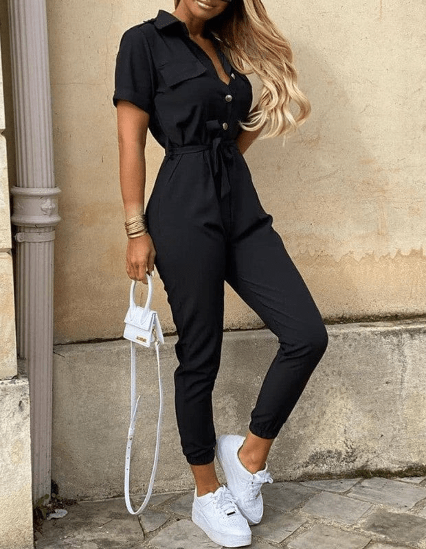 Women's Spring Jumpsuit with Belt and Short Sleeves 8