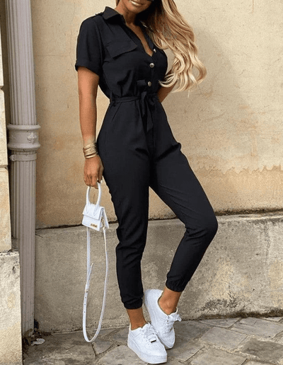 Women's Spring Jumpsuit with Belt and Short Sleeves 8