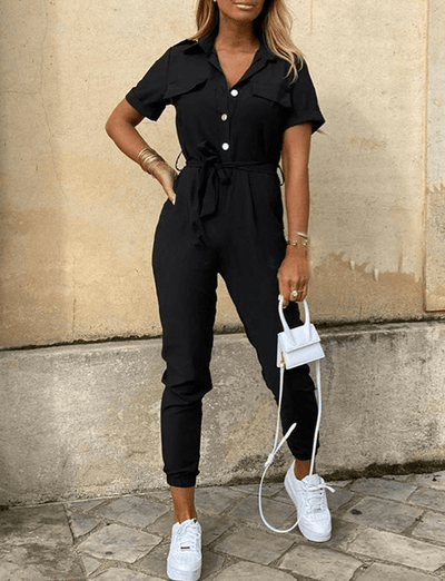 Women's Spring Jumpsuit with Belt and Short Sleeves 9